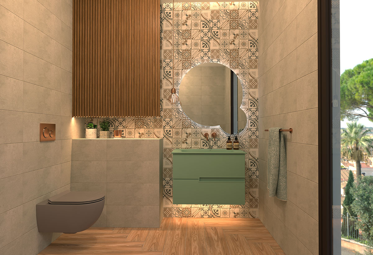 Ένα μπάνιο που χρησιμοποιείται το πλακάκι στον τοίχο του χώρου.